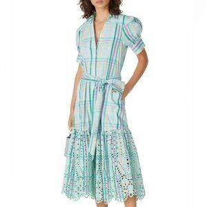 Tanya Taylor Plaid Striped Fern Short Puff Sleeve Eyelet Tie Waist Midi Dress 4